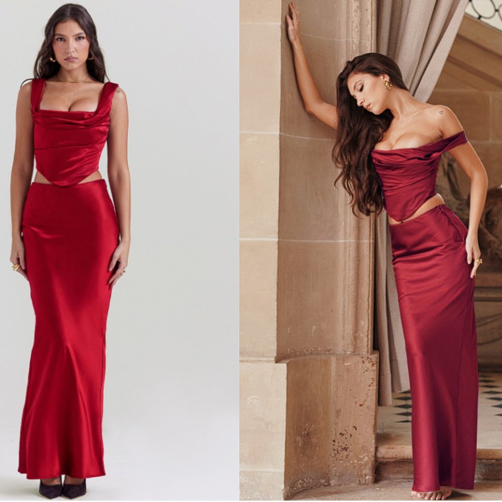 HOUSE OF CB 'Sydel' Ruby Satin Bias Cut Maxi Skirt NWOT